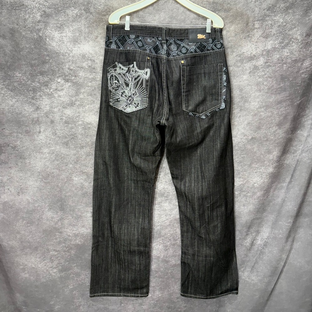 Y2K G-Unit 50 Cent Baggy Jeans Mens 32 Black Denim Embroidered Pocket Hip Hop